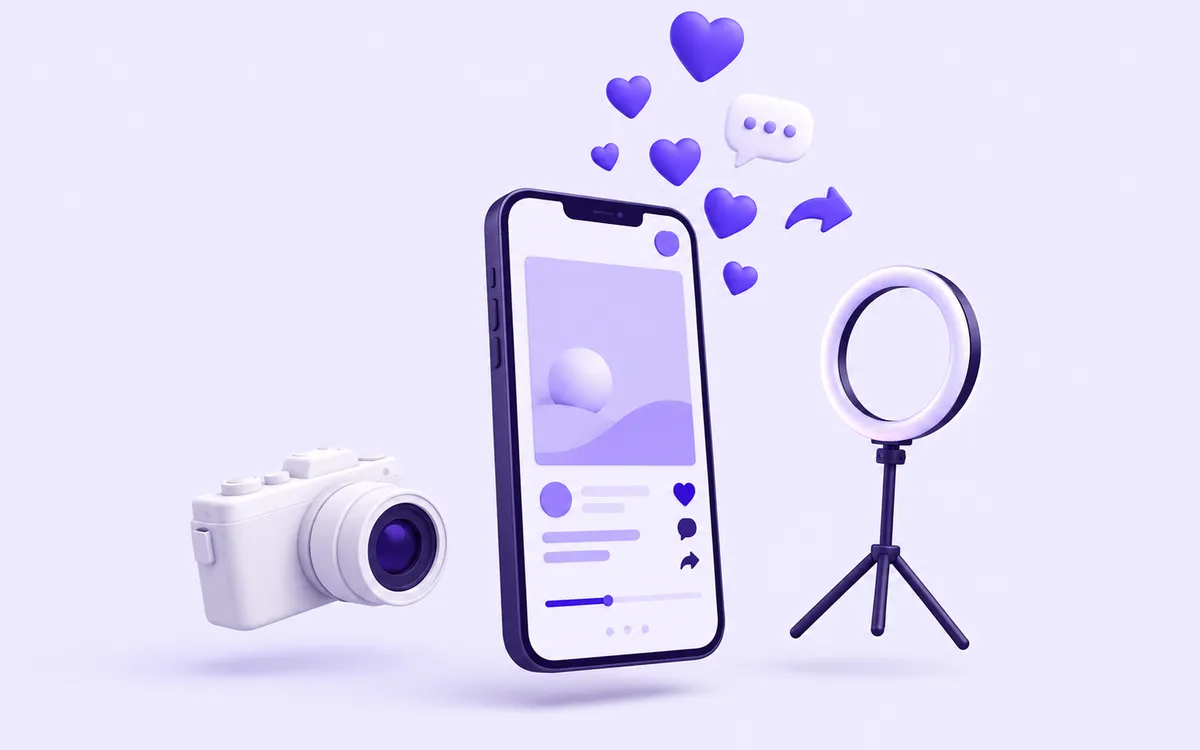 Illustration: a phone showing a post with hearts and a comment bubble rising from it, beside a camera and a ring light.